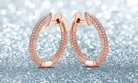 18K Rose Gold Plated Pave Cubic Zirconia Hoop Earrings