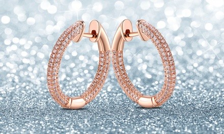 18K Rose Gold Plated Pave Cubic Zirconia Hoop Earrings