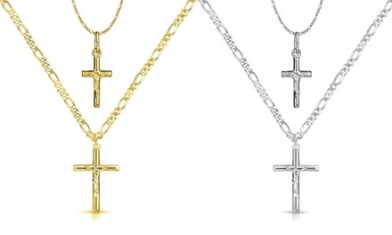 Father and Son Italian Sterling Silver Cross Necklaces with Figaro Chain