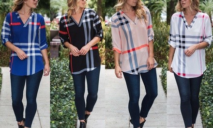 Reflection Women's Plaid Poly Roll-Tab Blouse S-3X