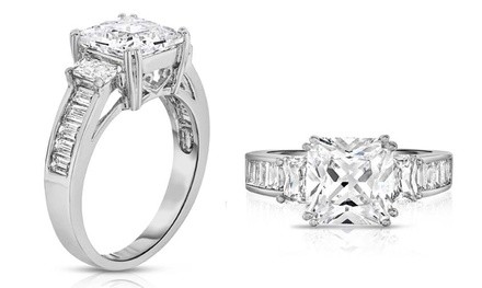 Clearance: 4 CTTW Tri-Stone Princess-Cut Bridal Ring in 18K White Gold Plated Brass
