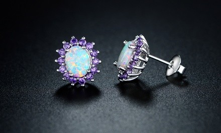 0.25 CTTW White Fire Opal and Amethyst Stud Earrings