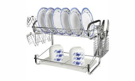 2-Tier S-shaped Stainless drying Drainer Dish Rack Cutlery Tray w/Hook