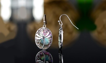 Genuine Blue Abalone Pearl Dragonfly Hook Drop Earrings 