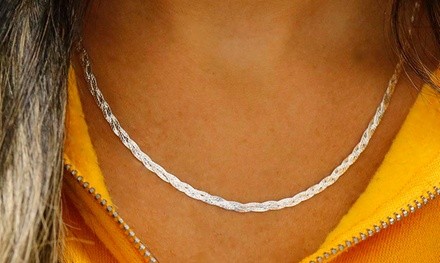 Italian Sterling Silver Braided Herringbone Necklace by Verona