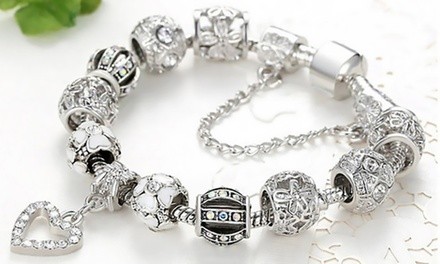 18K White Gold Plated Crystal Heart Charm Bracelet Made with Swarovski Elements