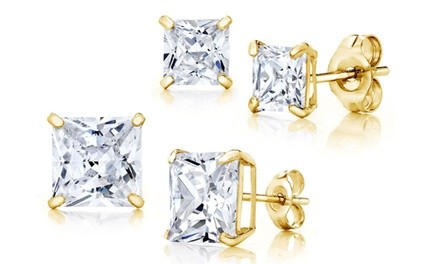 14K Solid Gold Princess Cut Stud Earrings Made with Swarovski Crystals
