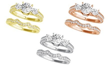 Swarovski 3-Stone Plus Bridal Ring Set In Sterling Silver for Her By L'Artiste