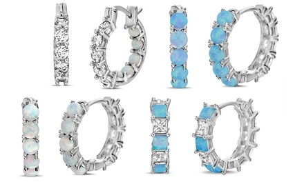 Nina & Grace Lab-Created Opal & CZ Hoop Earrings In Sterling Silver