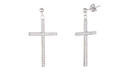 18K White Gold Sterling Silver Dangling CZ Cross Ball Stud Post Earring