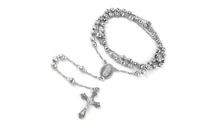 18K White Gold Plated Diamond Cut Rosary Necklace by Verona
