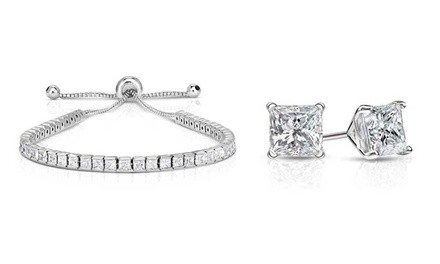 Swarovski Crystal Princess Cut Tennis Bracelet and Earring Set 