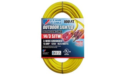 US Wire and Cable 14/3 100-Feet SJTW Yellow Lighted Extension Cord