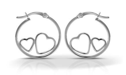 Sterling Silver Classic Hoop With Heart Design Earrings By Paolo Fortelini