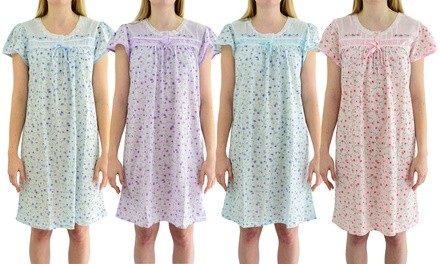EZI Women's Floral Nightgown with Satin Trim. Plus Sizes Available.