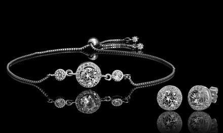 Lesa Michele Sterling Silver Halo Stud Earrings & Bracelet with Swarovski Crystal