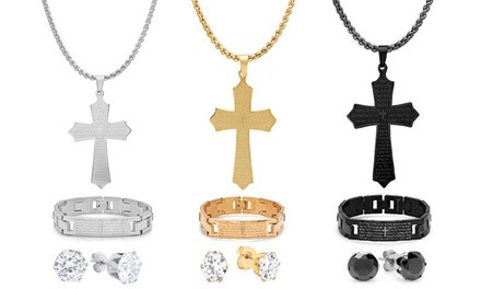 Men's Stainless Steel 'Our Father' Cross Pendant and Bracelet with CZ Studs