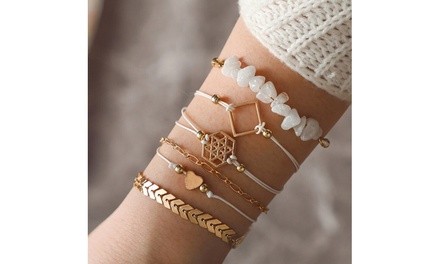 6Pcs Women Bohemian Bracelet Gemstone Beaded Handmade Bangle Cuff Jewelry