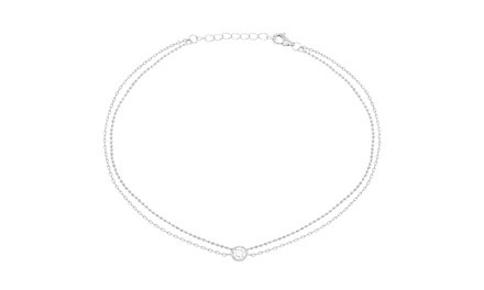 Sterling Silver CZ 2 Strand Ball Circle Bezel Charm Anklet