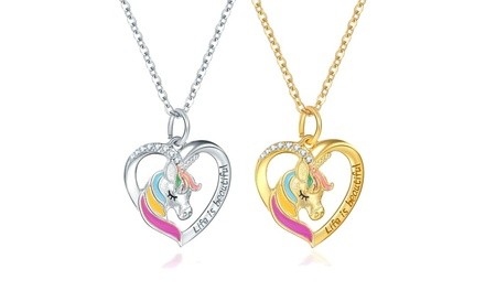 Fashion Women's 925 Silver Love Heart Unicorn Pendant Color Pony Necklace
