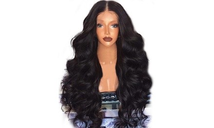 Black Synthetic Wigs Natural Looking Long Wavy Middle Side Parting No-Lace Women