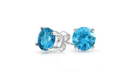 Sterling Silver 1 Carat Aquamarine Cubic Zirconia Round Stud Earrings