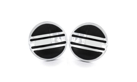 Silvertone and Black Enamel Striped Round Cuff Links