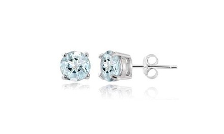  14k White Gold 0.90 Carat Round Natural Aquamarine Studs Earrings