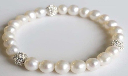 Genuine Freshwater Pearl And Swarovski Crystal Ball Stretch Bracelet by Valencia Gems
