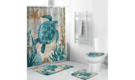 Inverlee 4PCs Sea Style Non Slip Toilet Polyester Cover Mat Set Shower Curtain