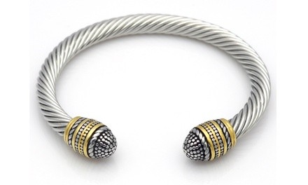 18k White and Yellow Gold over Silver Cable Cuff Bracelet for Woman and Men