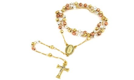 18K Yellow and Rose Gold Plated Diamond Cut Rosary Necklace by Verona