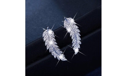 925 Sterling Silver 18k Gold Feather Crystal Diamond Cluster Cuff Earrings 