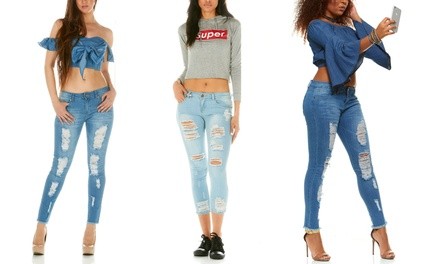 Cover Girl Women's Distressed Fray Hem Skinny Jeans. Plus Sizes Available.