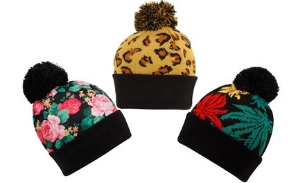 Animal or Floral Print Unisex Double Layer Pompom Classic Beanie Hat