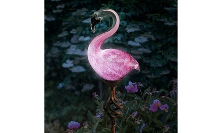 Exhart Solar Hand Blown Glass Pink Flamingo Garden Stake w/ Metal Finial Detail