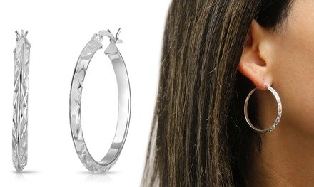Sterling Silver Diamond Cut Etched Hoop Earrings 20mm–35mm