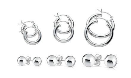 Italian Hoop and Ball Stud Earring Set in Sterling Silver (6-Piece)