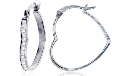 Sterling Silver Rhodium White Glitter Heart Hoop Earrings by Decadence