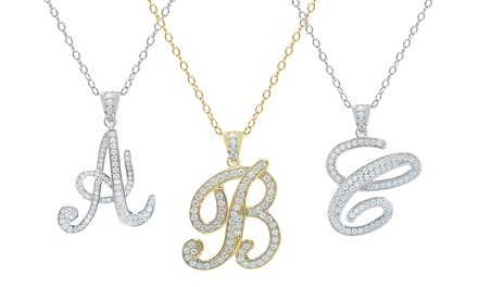 Elements of Love Script Initial Cubic Zirconia Pendant Necklaces in Plated Sterling Silver (Multiple Options)