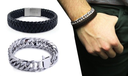 Mens 2 Piece Stainless Steel and Genuine Leather Bracelet Set