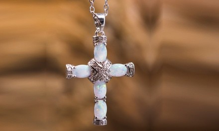 Rhodium Plated White Fire Opal Fancy Cross Necklace