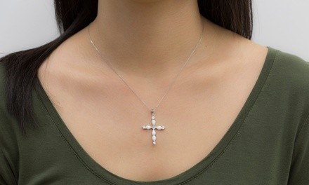 Nina & Grace Lab-Created Opal & CZ Cross Necklace in Sterling Silver 