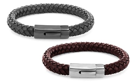 Braided Leather and Stainless Steel Men's Bracelet