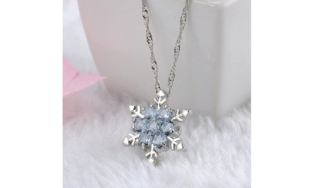 Unique Elegant Blue Crystal Snowflake Frozen Flower Silver Pendants Necklace