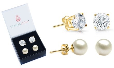 Gemma Luna 6.00 CTTW Freshwater Pearls and White Topaz Stud Earrings Set (2 Pairs)