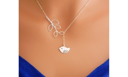 Sterling Silver Lariat Brid and Leaf Pendant Necklce