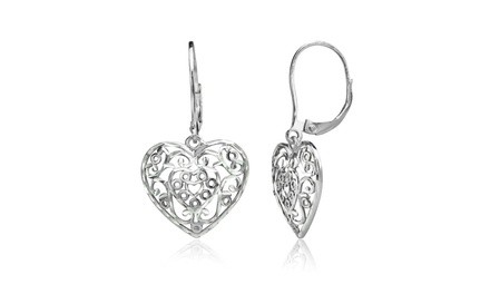 Sterling Silver Diamond Cut Filigree Heart Dangle Leverback Earrings