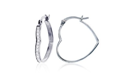 Sterling Silver Rhodium 23X2.5mm White Glitter Heart Hoop Earring