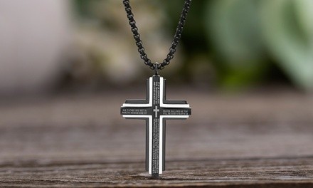 Simply Steel Men's Stainless Steel 2-Tone Layered Lord's Prayer Cross Necklace